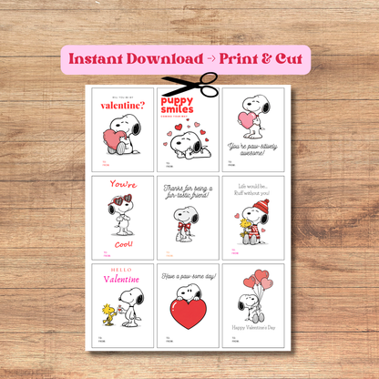 Snoopy Valentine Cards, Printable Classroom Valentines (Instant Download)