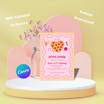 Pizza Party Invite Editable, Pink Girls Pizza Party Invitation, DIY Pizza Party Invite Printable 5x7
