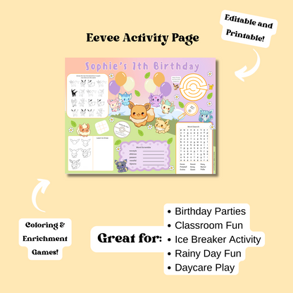 Eeveelution Activity Placemat, Printable Activity Sheet, Kawaii Poke Party Game for Kids, Digital Download In Color