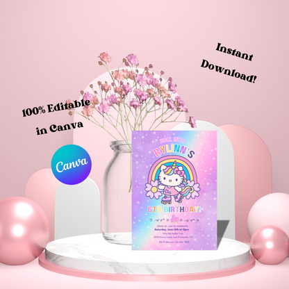Hello Kitty Let's Roll Roller Skating Rainbow Birthday Invite Editable | 5x7 | Instant Download