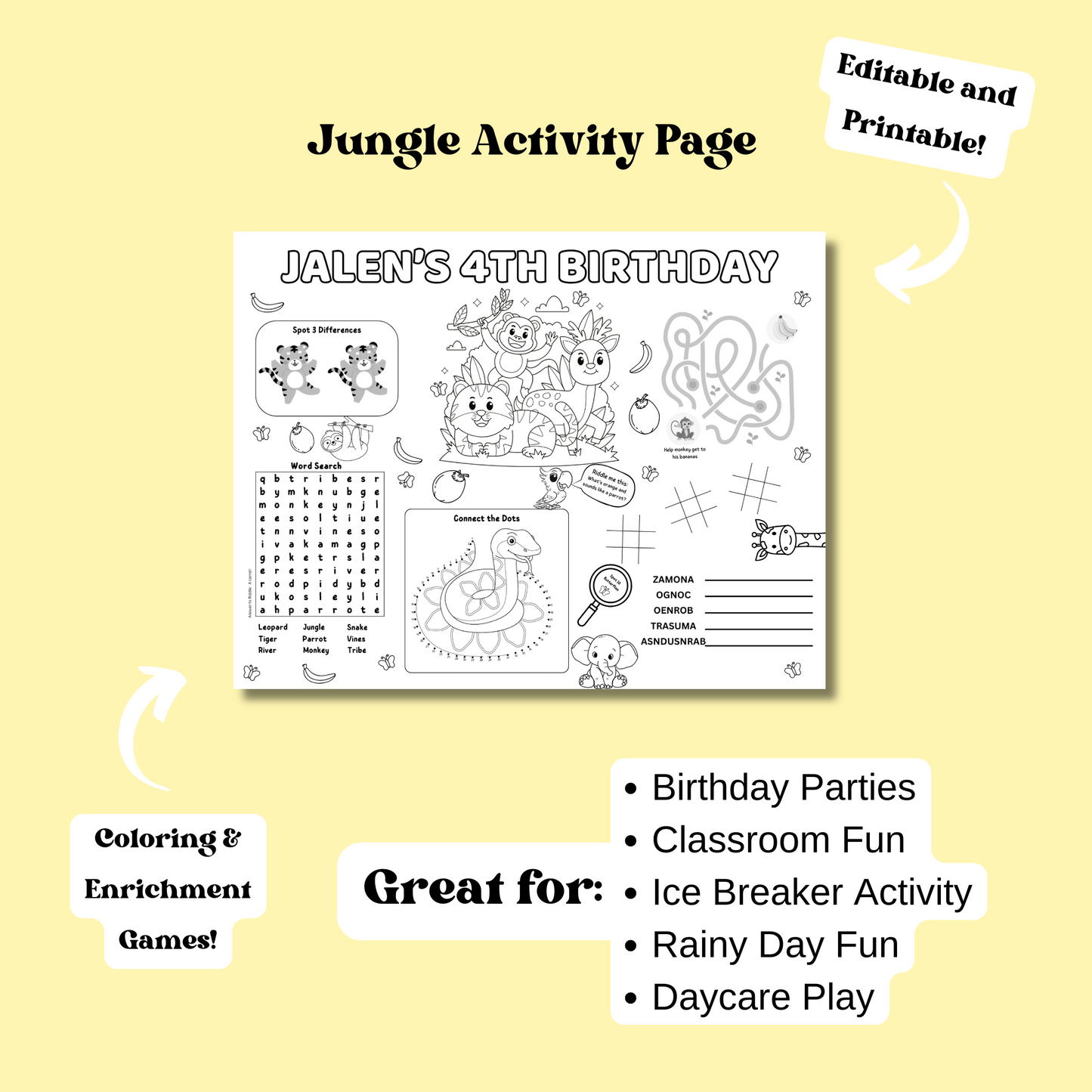 Jungle Editable Activity Placemat, Wild Animals Safari Birthday Party Activity Page Template, Kids Placemat Black & White