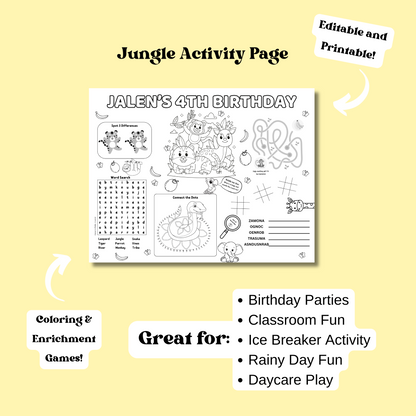 Jungle Editable Activity Placemat, Wild Animals Safari Birthday Party Activity Page Template, Kids Placemat Black & White