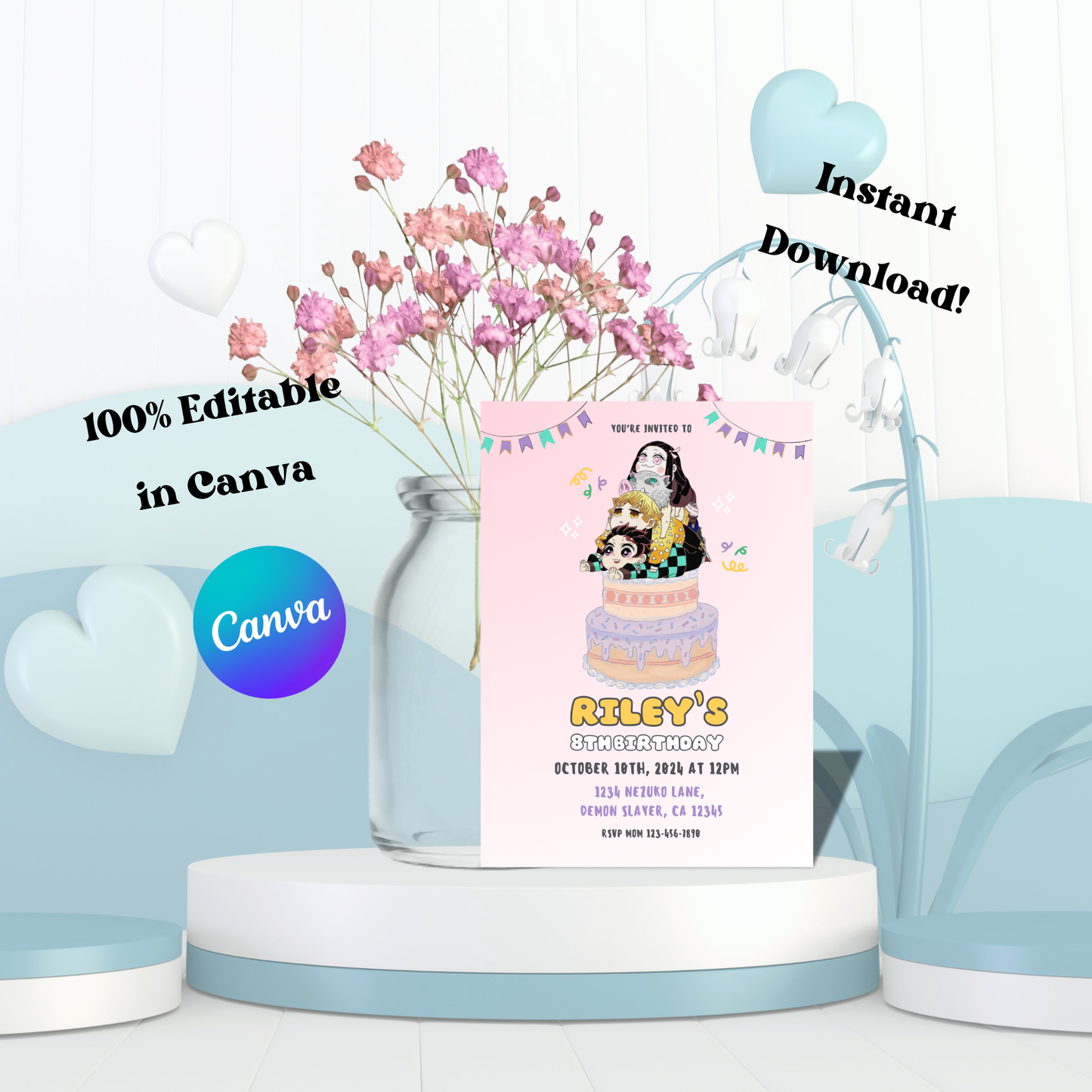 Chibi Demon Slayer: Editable 5x7 Birthday Invite (Digital Download)