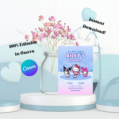 Hello Kitty Ice Skating Birthday Invitation, Editable Template, Instant Download 5x7