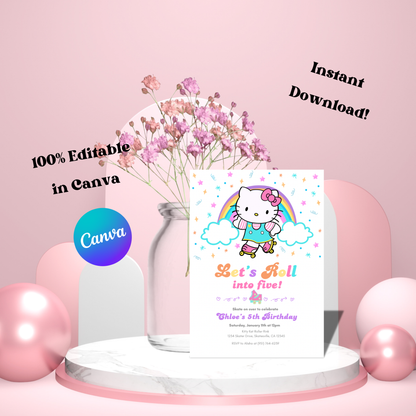 Hello Kitty Let's Roll Roller Skating Birthday Invite Editable | 5x7 | Instant Download