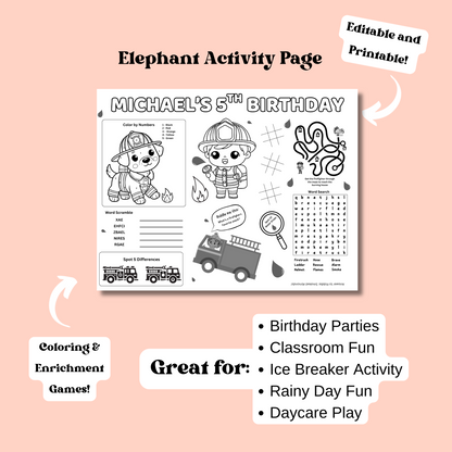 Firefighter Editable Activity Placemat, Kids Firefighter Birthday Activity Page Template Black & White