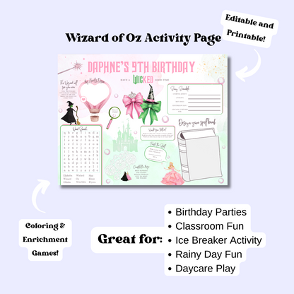 Wicked Themed Activity Placemat, Printable Wicked Party Activity, Oz Coloring Page, Broadway Birthday Party Game, Digital Download In Color