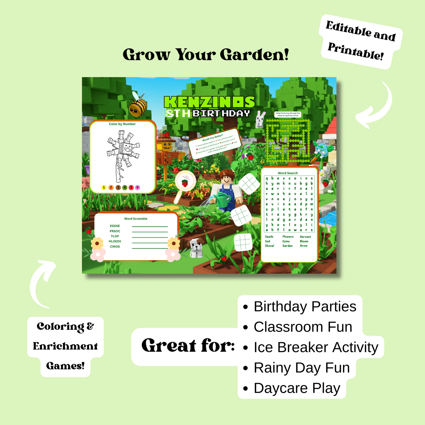 Grow Your Garden Roblox Birthday Activity Placemat In Color