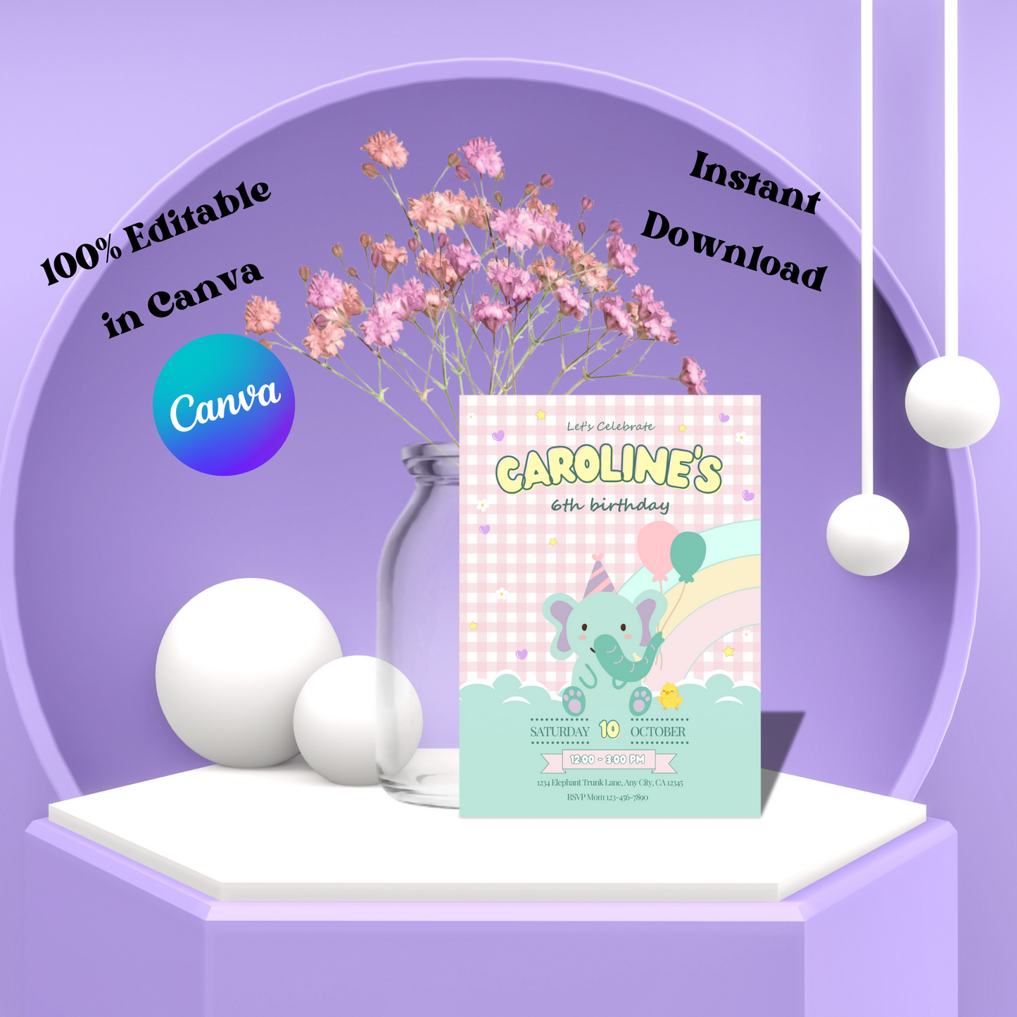 Elephant Birthday Invitation, Kawaii Elephant Party Invite, Editable Elephant Gingham Invitation Template, Kid’s Cute Elephant Birthday, Instant Download
