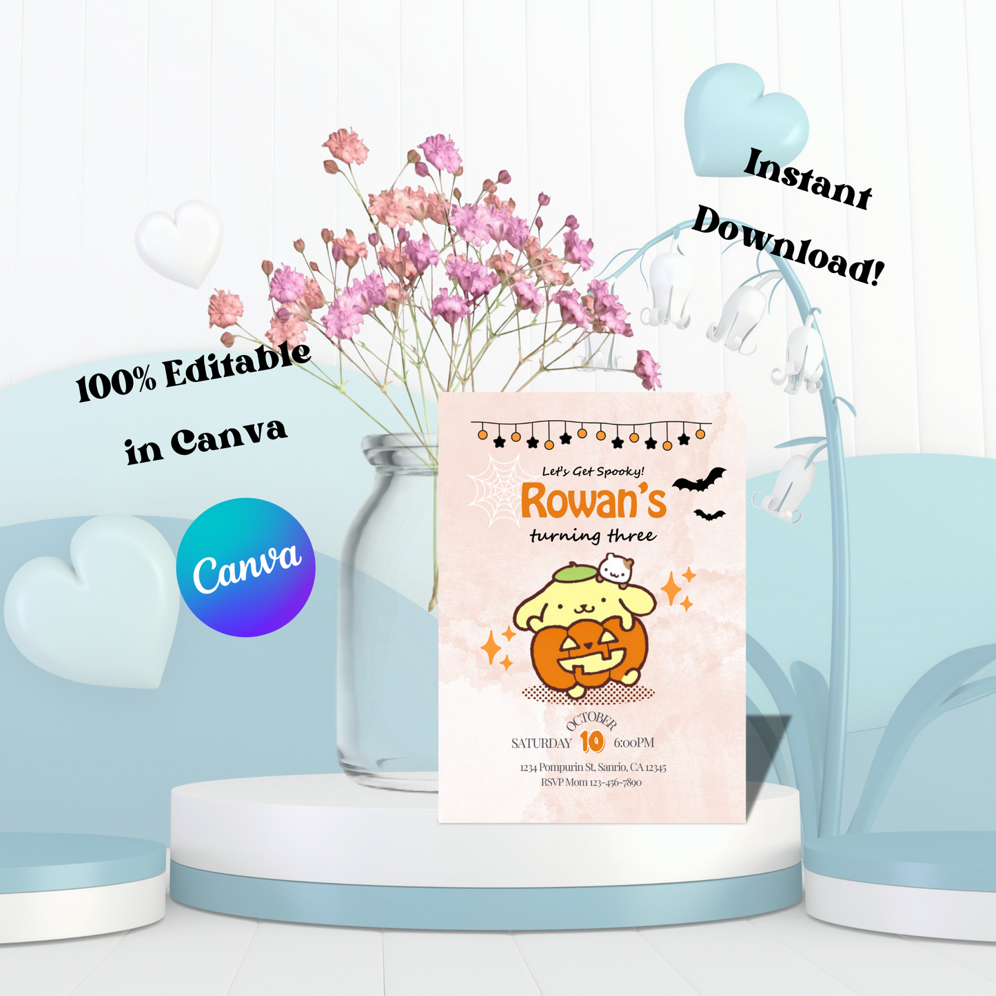 Halloween Pompompurin Birthday Invitation, Cute Sanrio Pumpkin Invite, Spooky Kawaii Kids Birthday Party Printable, Editable Template, Instant Download 5x7