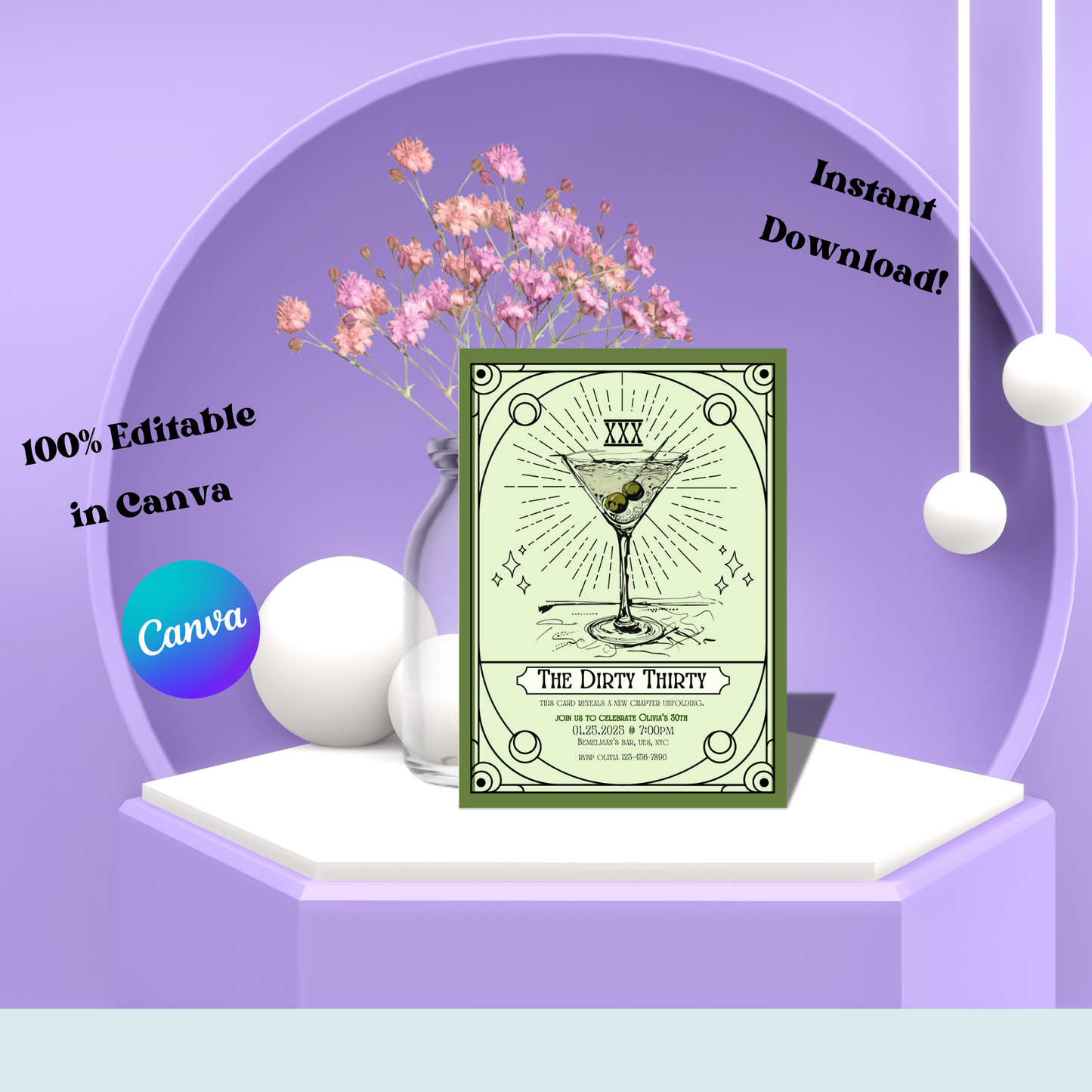 Dirty Thirty Tarot Invitation: 30th Birthday Party, Art Deco Mystical Themed Invite (Digital Download)