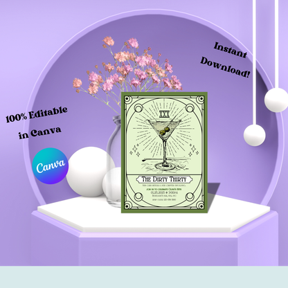 Dirty Thirty Tarot Invitation: 30th Birthday Party, Art Deco Mystical Themed Invite (Digital Download)