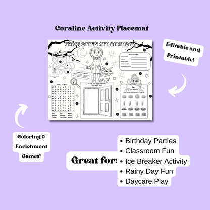 Coraline Editable Activity Placemat Template Black & White