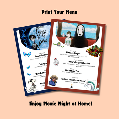 Halloween Dinner and a Movie Night Menus, 30+ Halloween Movie Night Ideas for Family Movie Night, Kid Friendly Editable Menus