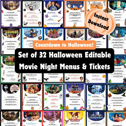 Halloween Dinner and a Movie Night Menus & Tickets, 30+ Halloween Movie Night Ideas for Family Movie Night, Kid Friendly Editable Menus