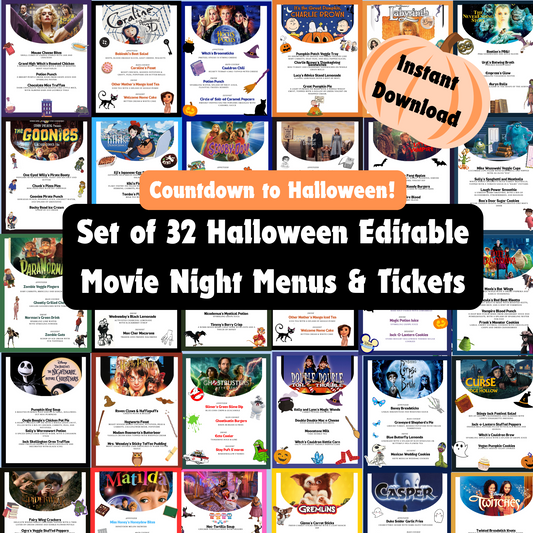 Halloween Dinner and a Movie Night Menus & Tickets, 30+ Halloween Movie Night Ideas for Family Movie Night, Kid Friendly Editable Menus