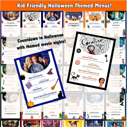 Halloween Dinner and a Movie Night Menus & Tickets, 30+ Halloween Movie Night Ideas for Family Movie Night, Kid Friendly Editable Menus