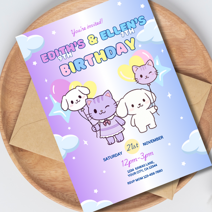 Duo Birthday Invite Editable, Kawaii Sibling Invitation, 5x7 Hand Drawn