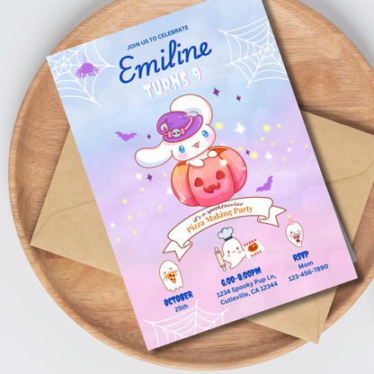 Halloween Cinnamoroll Pizza Party Birthday Invitation, Cute Sanrio Pumpkin Invite, Spooky Kawaii Kids Birthday Party Printable, Editable Template, Instant Download 5x7