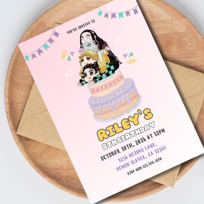 Chibi Demon Slayer: Editable 5x7 Birthday Invite (Digital Download)