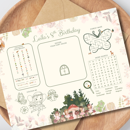 Enchanted Forest Birthday Party Placemat: Woodland Fairy Printable Activity Sheet In Color Instant Download