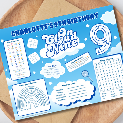 Cloud 9 Birthday Activity Placemat, Editable Cloud 9 Girls Activity Sheet Template, Digital Download In Color