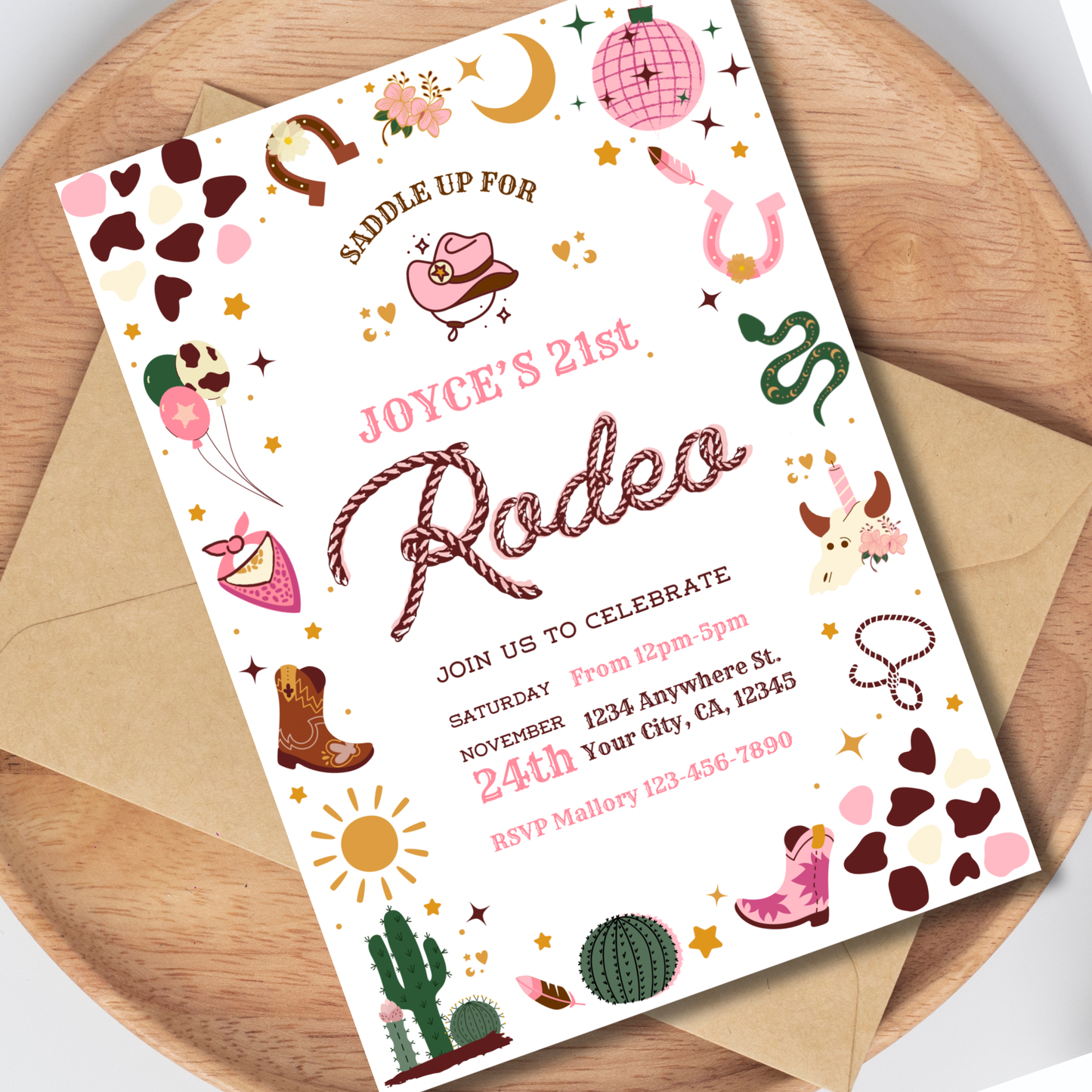 Pink Rodeo Birthday Invitation: Boho Disco Cowgirl Party, Wild Western Themed Invite (Digital Download)