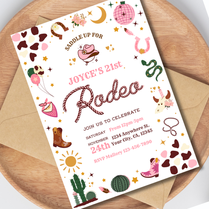 Pink Rodeo Birthday Invitation: Boho Disco Cowgirl Party, Wild Western Themed Invite (Digital Download)