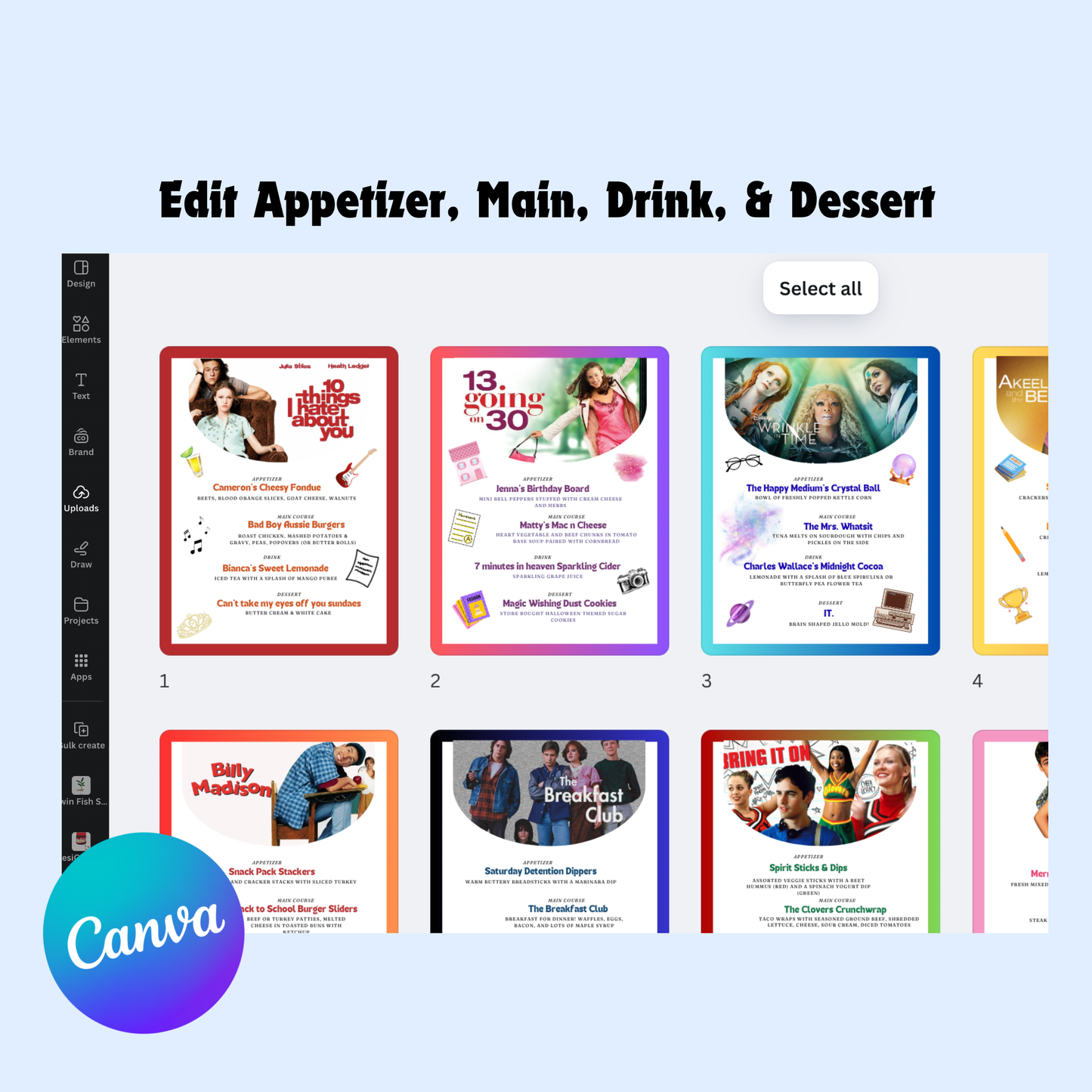 Back to School Movie Night Menus: 30+ Editable Family Dinner Ideas (Printable Canva Template)