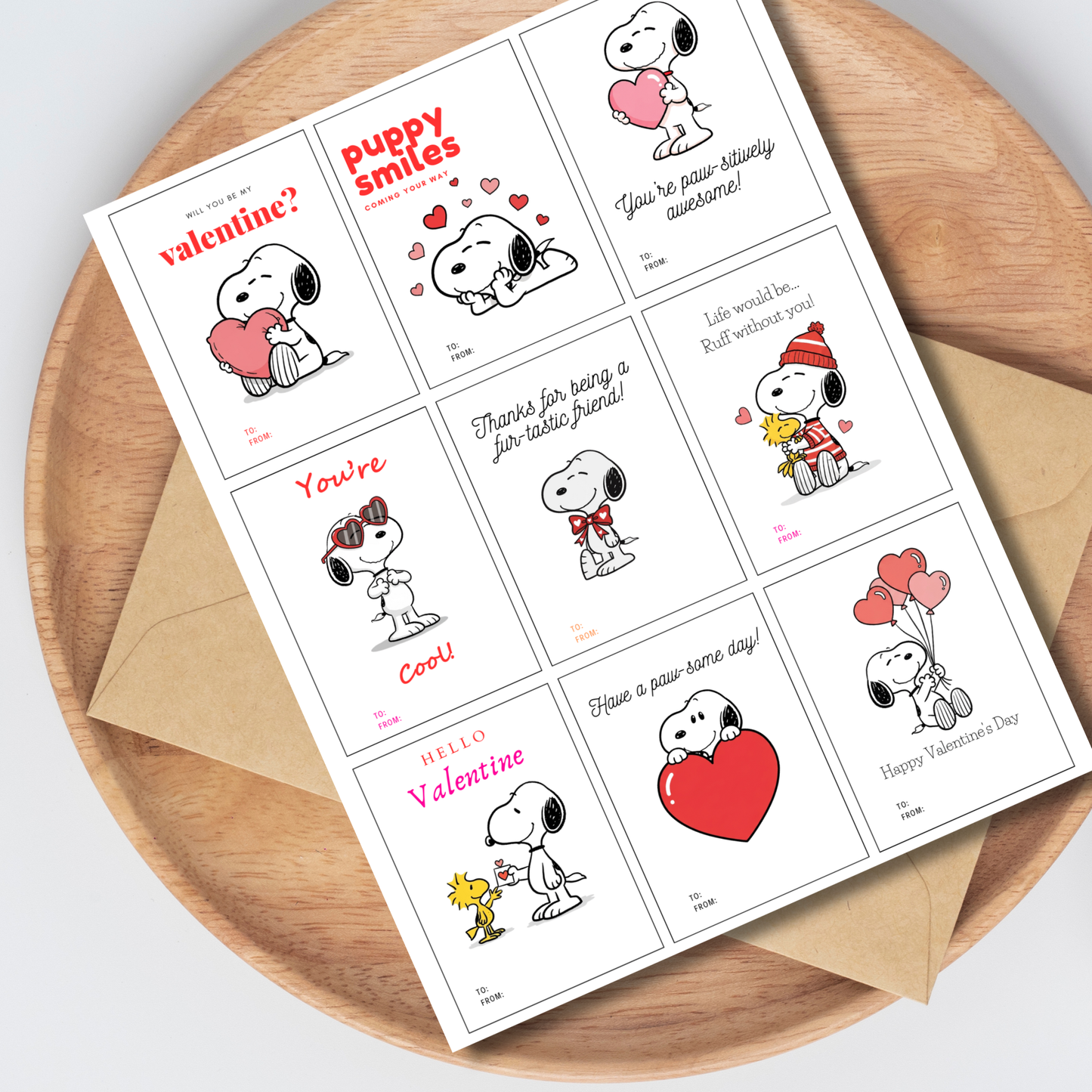 Snoopy Valentine Cards, Printable Classroom Valentines (Instant Download)