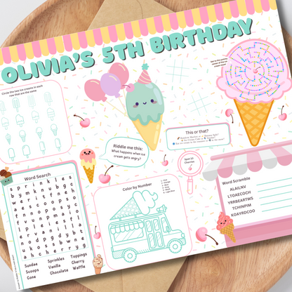 Ice Cream Activity Placemat, Printable Summer Activity Sheet, Ice Cream Party Game for Kids, Digital Download In Color