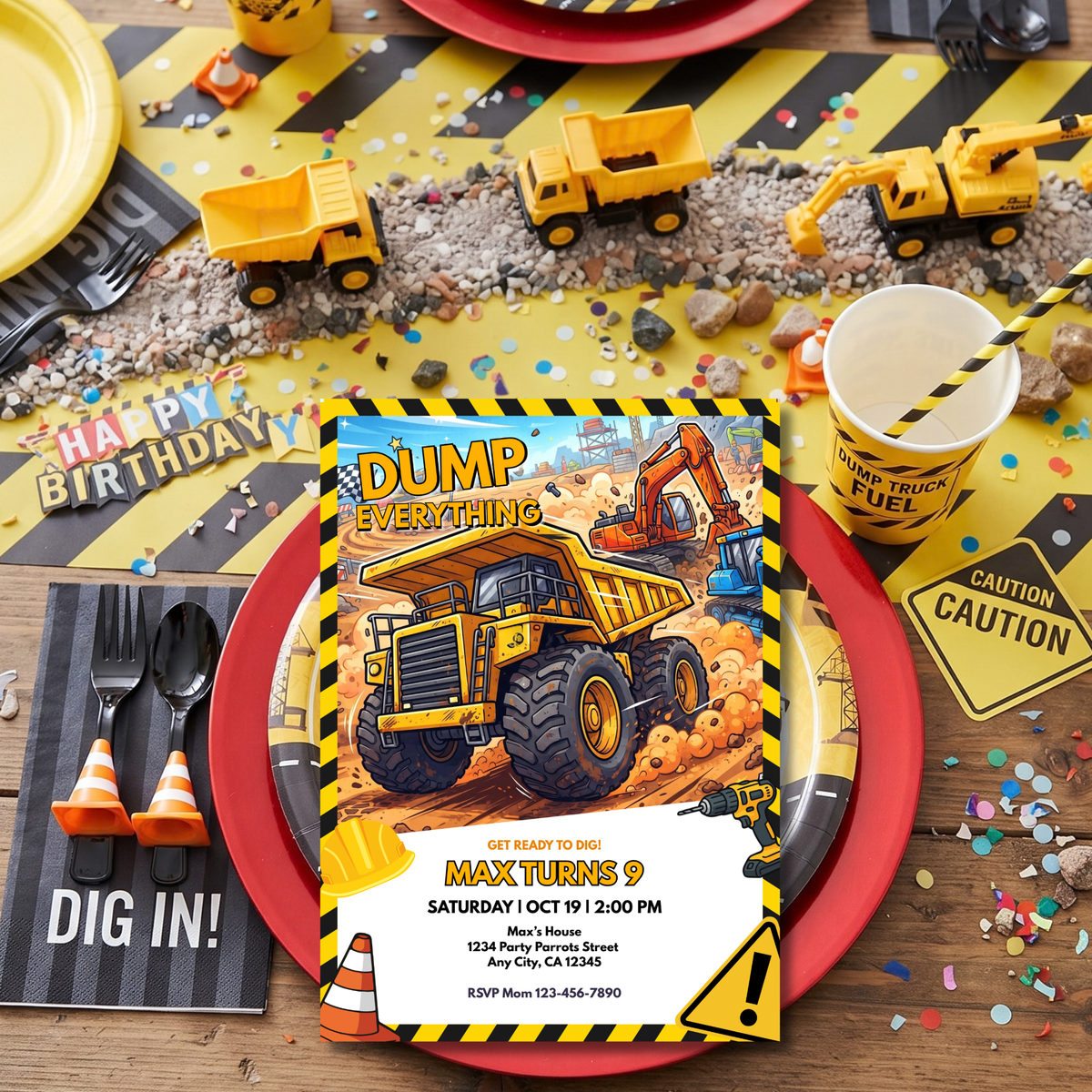 Dump Truck Construction Birthday Invitation | Editable Canva