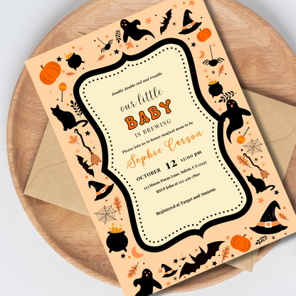 Halloween Baby Shower Invitation, Baby Brewing Party Printable, Editable Template, Instant Download 5x7