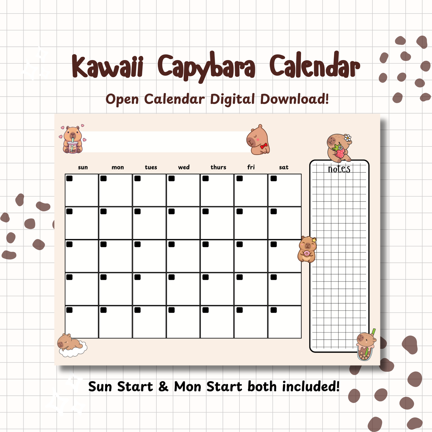 Kawaii Capybara Monthly Planner | Printable | Instant Download