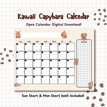 Kawaii Capybara Monthly Planner | Printable | Instant Download