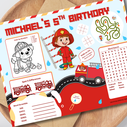 Firefighter Editable Activity Placemat, Kids Firefighter Birthday Activity Page Template in Color