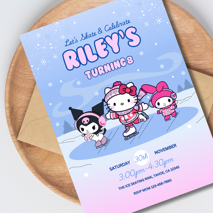 Hello Kitty Ice Skating Birthday Invitation, Editable Template, Instant Download 5x7