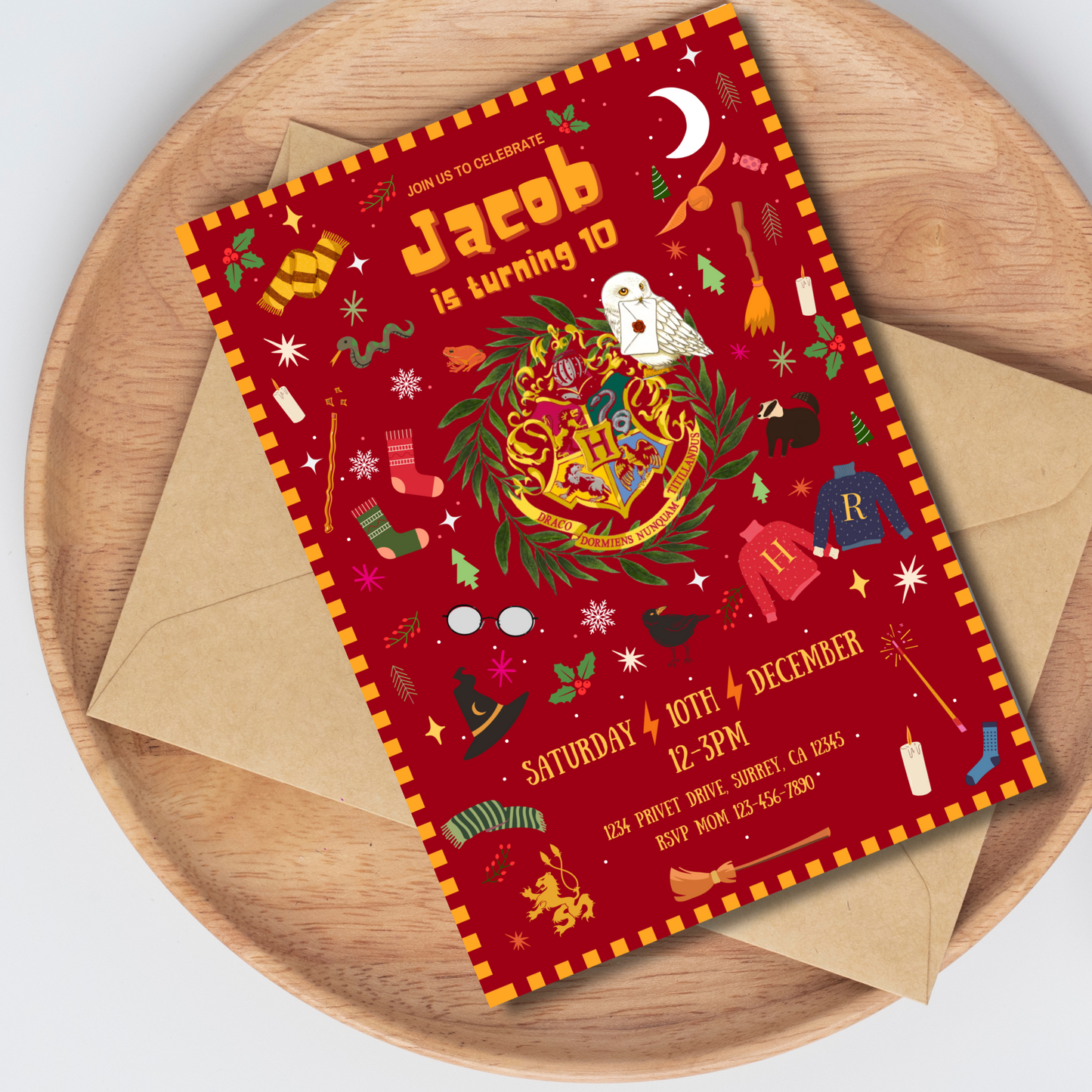 Magical Wizard Christmas Birthday Invitation, Holiday Party Invite, Red Winter Wizarding Theme, Editable Template, Instant Download, 5x7