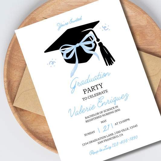 Blue Coquette Graduation Invitation 5x7 Instant Download