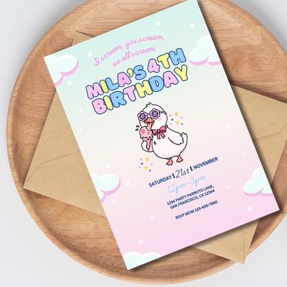 Groovy Duck Ice Cream Party Birthday Invite Editable | 5x7 | Instant Download