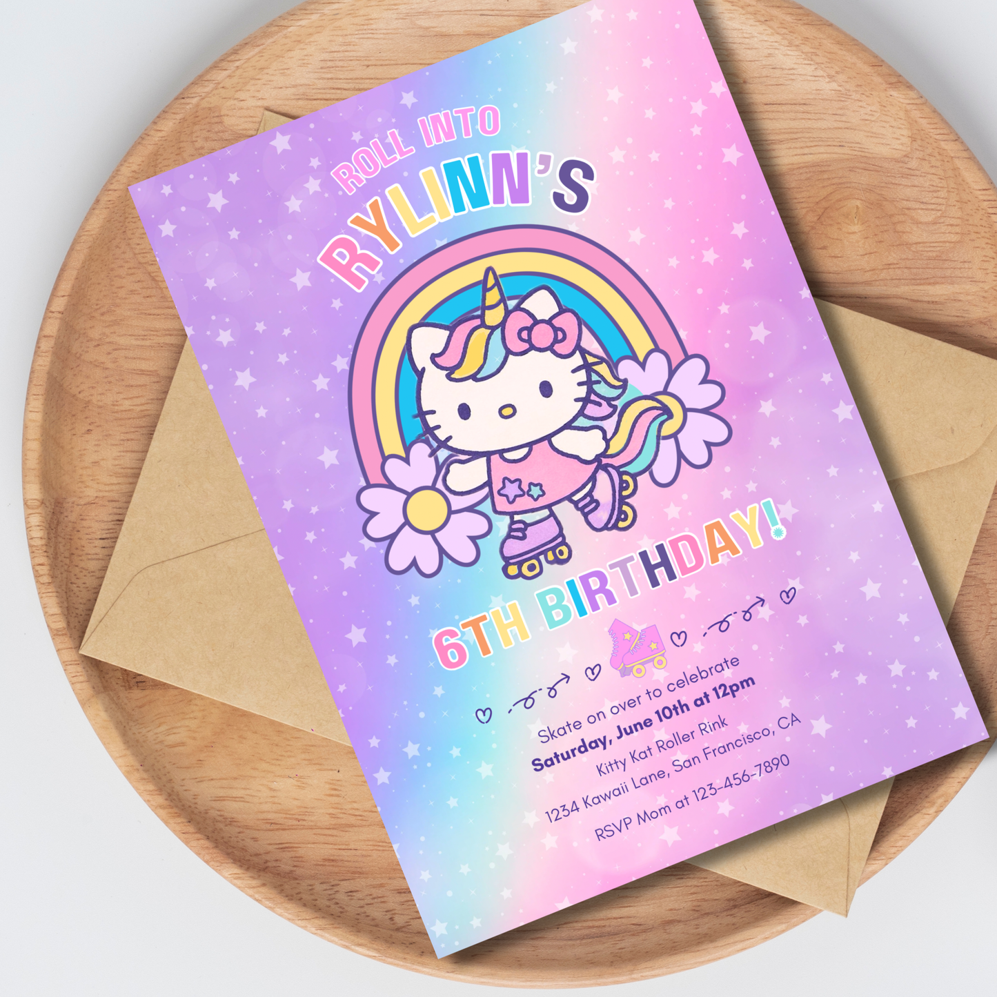 Hello Kitty Let's Roll Roller Skating Rainbow Birthday Invite Editable | 5x7 | Instant Download