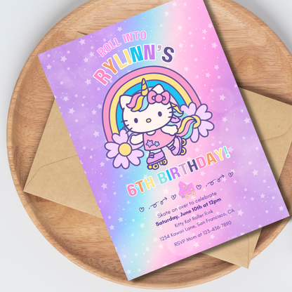 Hello Kitty Let's Roll Roller Skating Rainbow Birthday Invite Editable | 5x7 | Instant Download