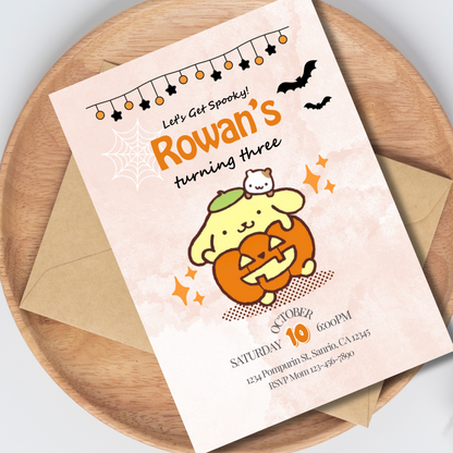 Halloween Pompompurin Birthday Invitation, Cute Sanrio Pumpkin Invite, Spooky Kawaii Kids Birthday Party Printable, Editable Template, Instant Download 5x7