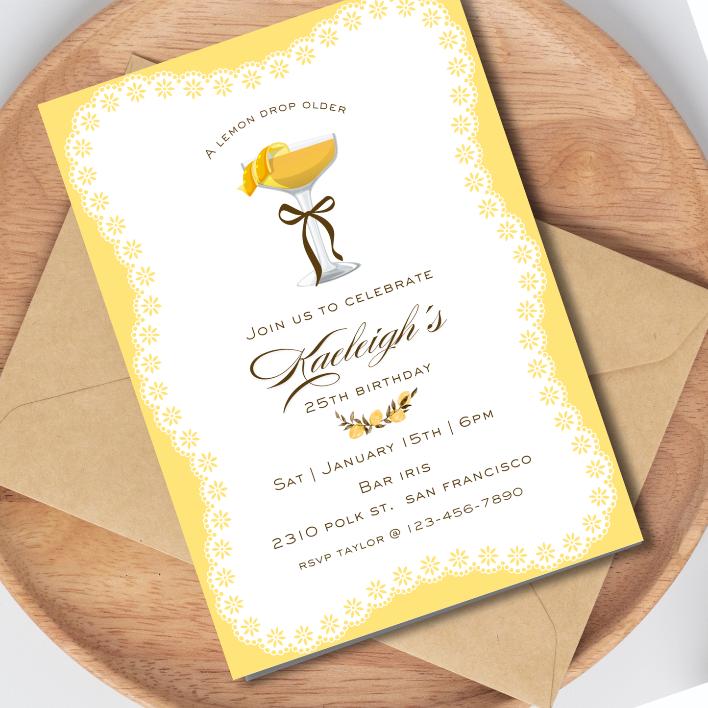 Lace & Lemon Drops Invitation: Editable 5x7 Birthday Invite (Digital Download)