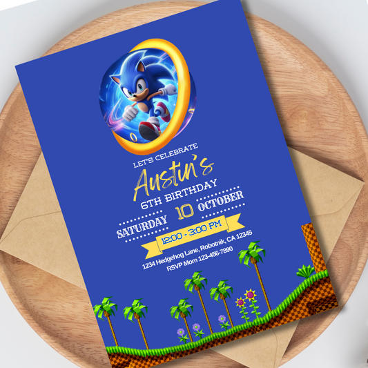 Sonic Birthday Invitation, Video Game Party Invite, Blue Boys Bday Invite, Instant Download, 5x7