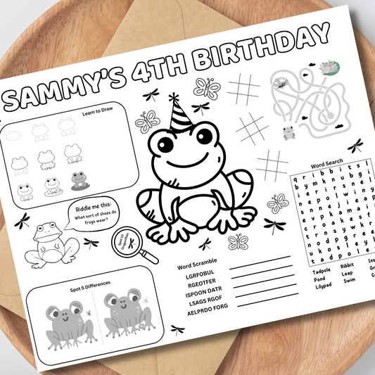 Frog Editable Activity Placemat, Kids Firefighter Birthday Activity Page Template Black & White
