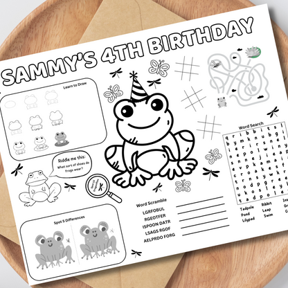Frog Editable Activity Placemat, Kids Firefighter Birthday Activity Page Template Black & White