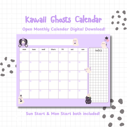 Kawaii Ghosts Digital Calendar | Undated Monthly Planner for iPad & Print
