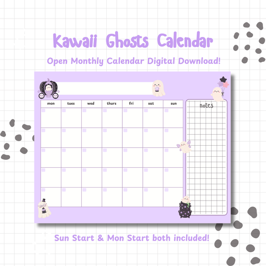 Kawaii Ghosts Digital Calendar | Undated Monthly Planner for iPad & Print