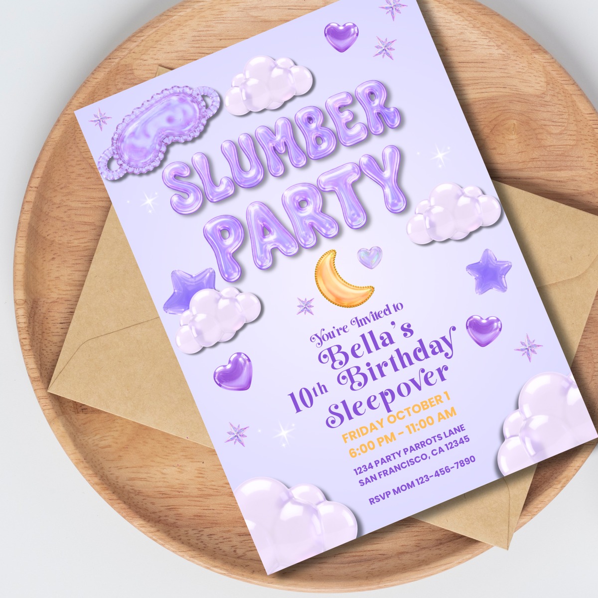 Slumber Party Glass Jelly Bubble Letters Sleepover Birthday Invitation | Editable Canva Template